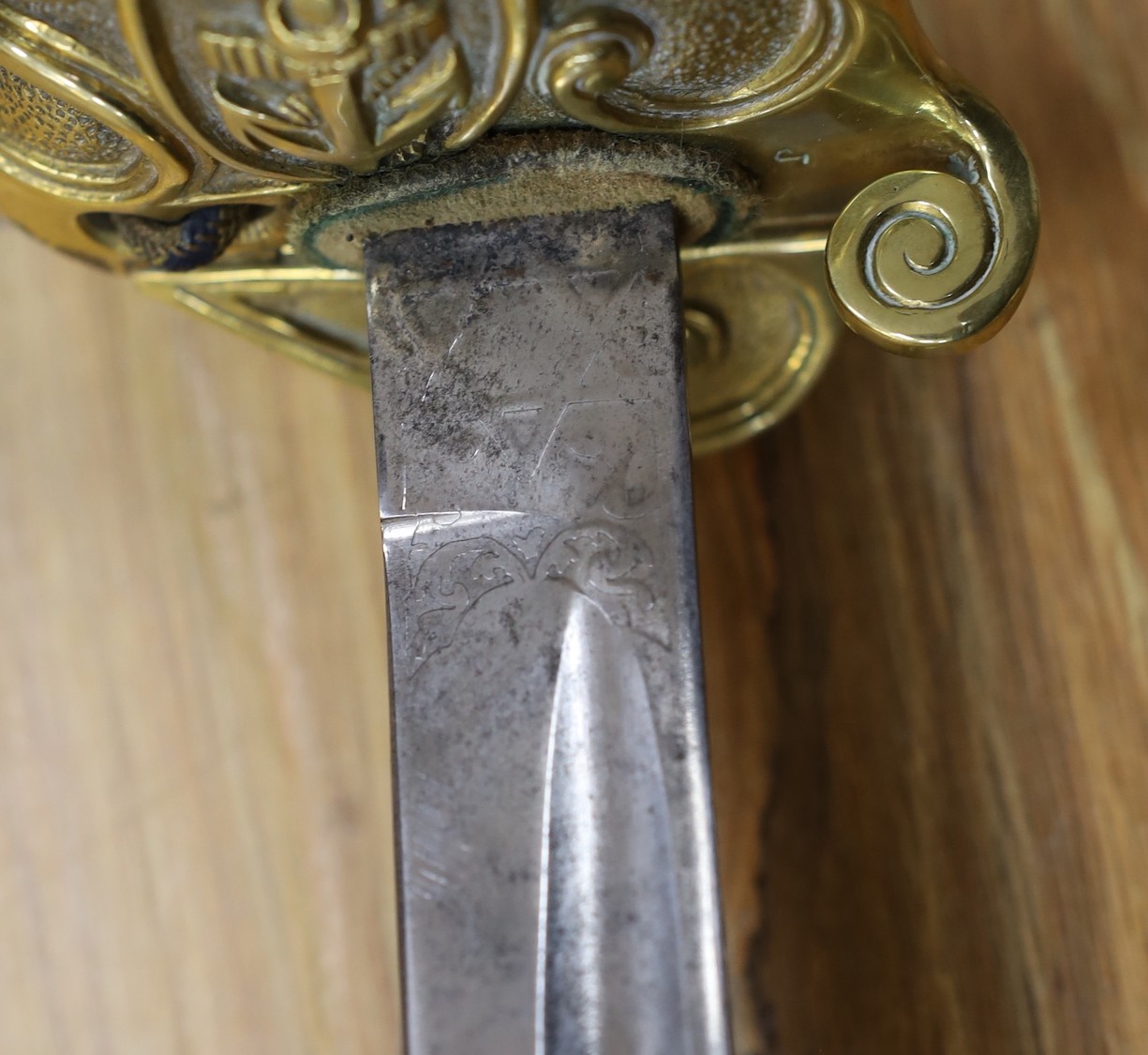 A George V naval officers sword, made by Friedeberg Portsea, serial number 4351 stamped to spine